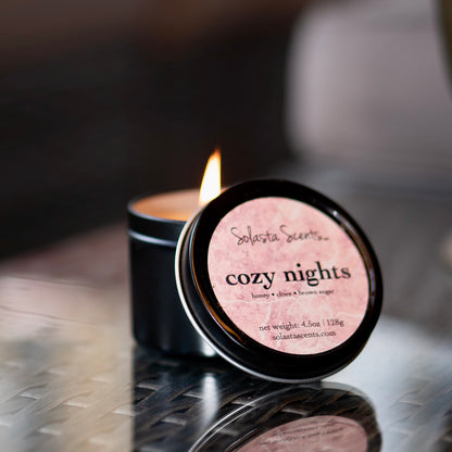 Cozy Nights - Luxury Coconut Wax | Black Travel Candle - Solasta Scents